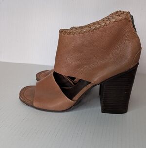 Bacio 61 Caldura Brown Leather Boho Ankle Heels Braided Trim Stacked Heel Sz. 10